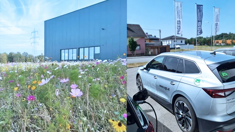 Blumenwiese vor der Produktionshalle und E-Firmenauto von AGS an der Ladestation
