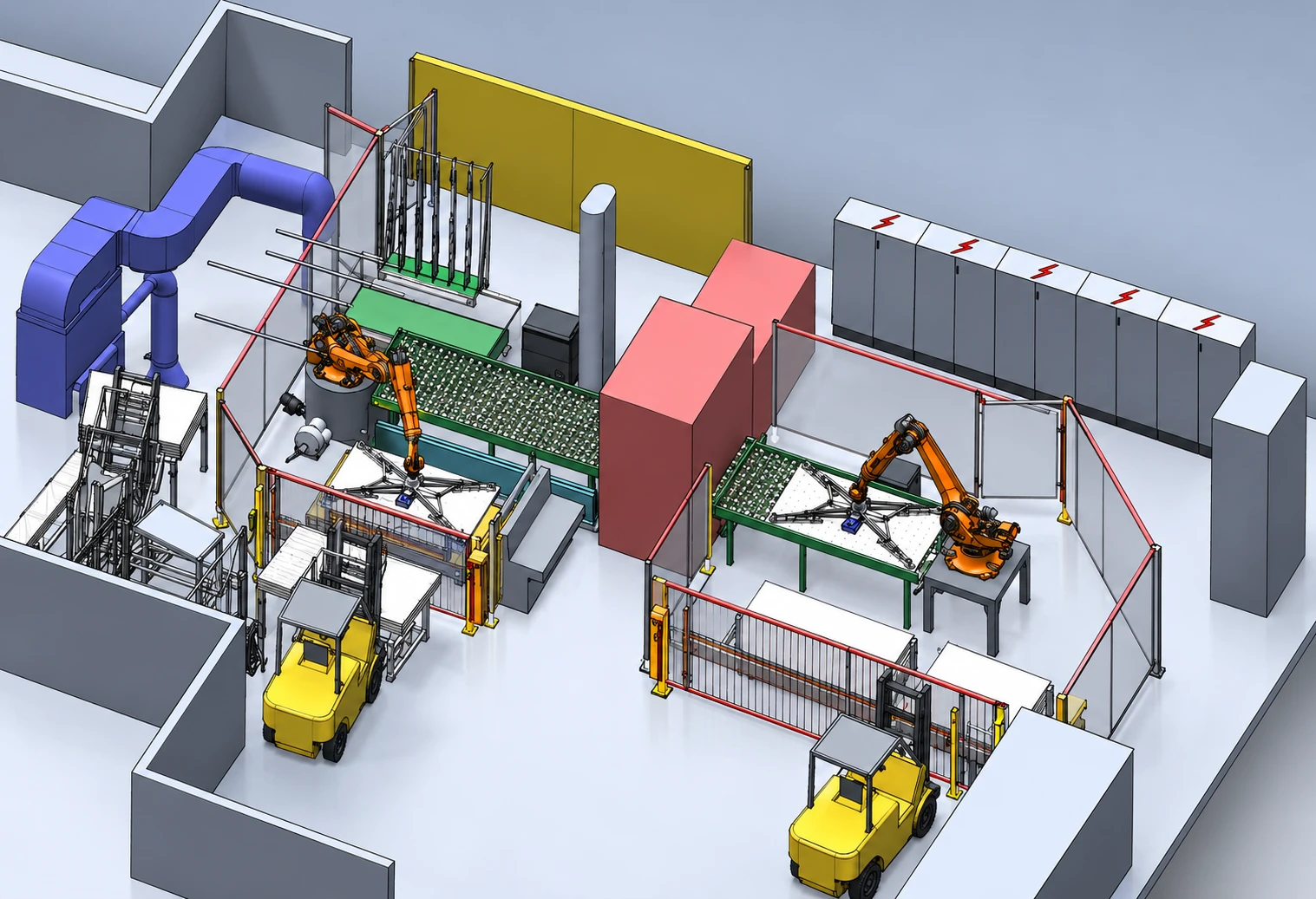 3D-Konstruktionszeichnung der modernisierten Richtmaschine mit Robotern, Schutzeinhausung und Materialfluss