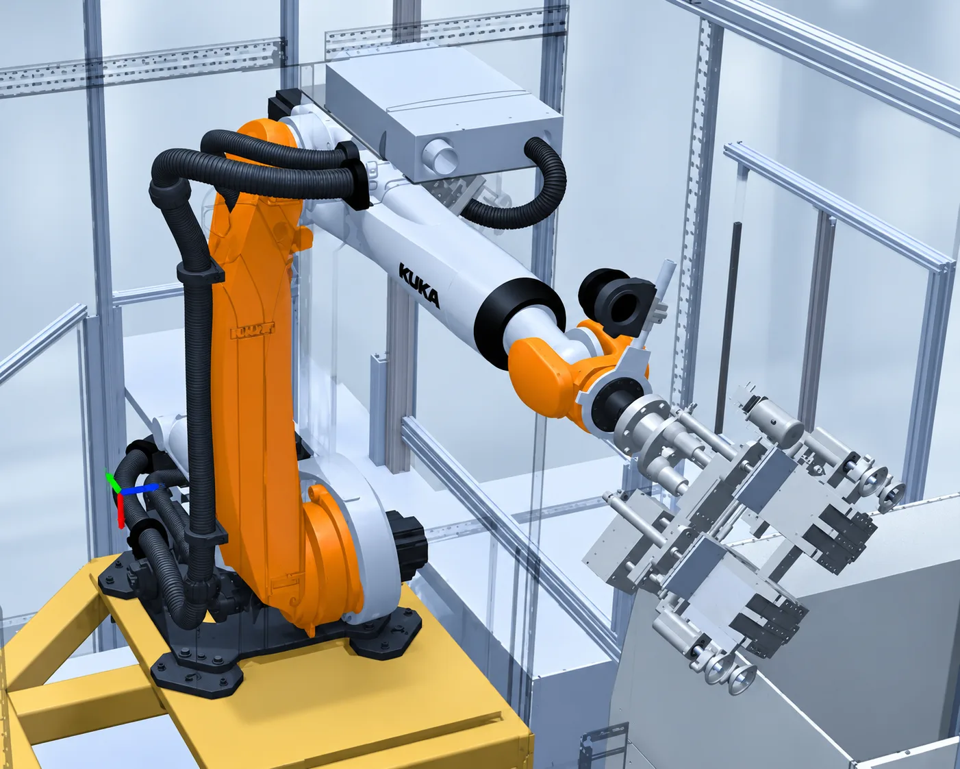 Konstruktionszeichnung des KUKA-Roboters mit Greifsystem