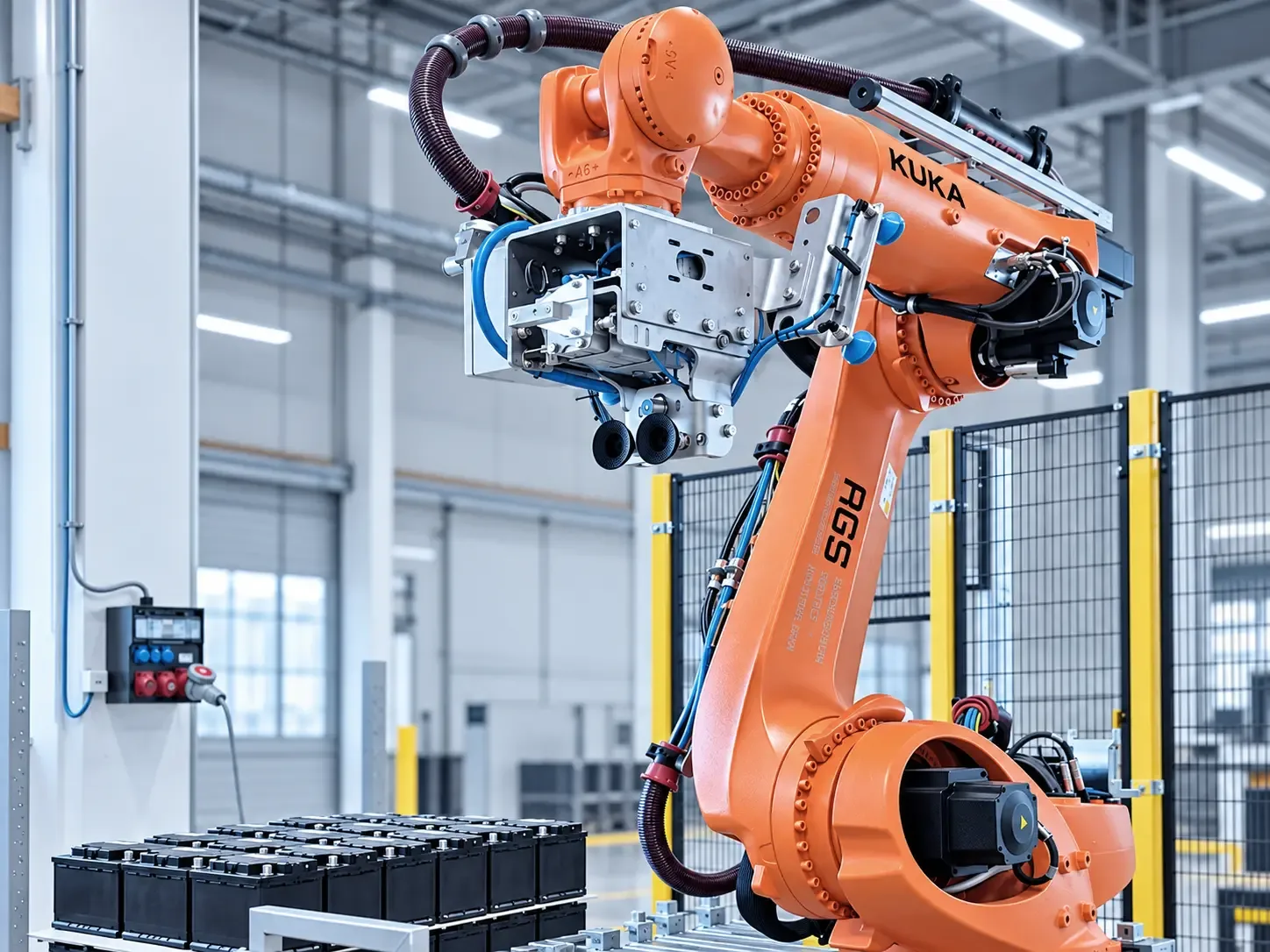 KUKA-Roboter mit Greifer über einem Batteriestapel