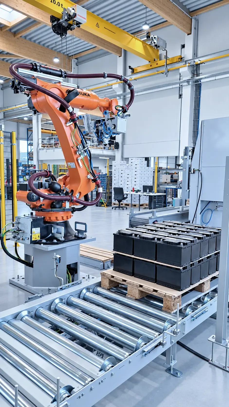 Roboter beim Depalettieren von Batterien auf dem Rollenförderer