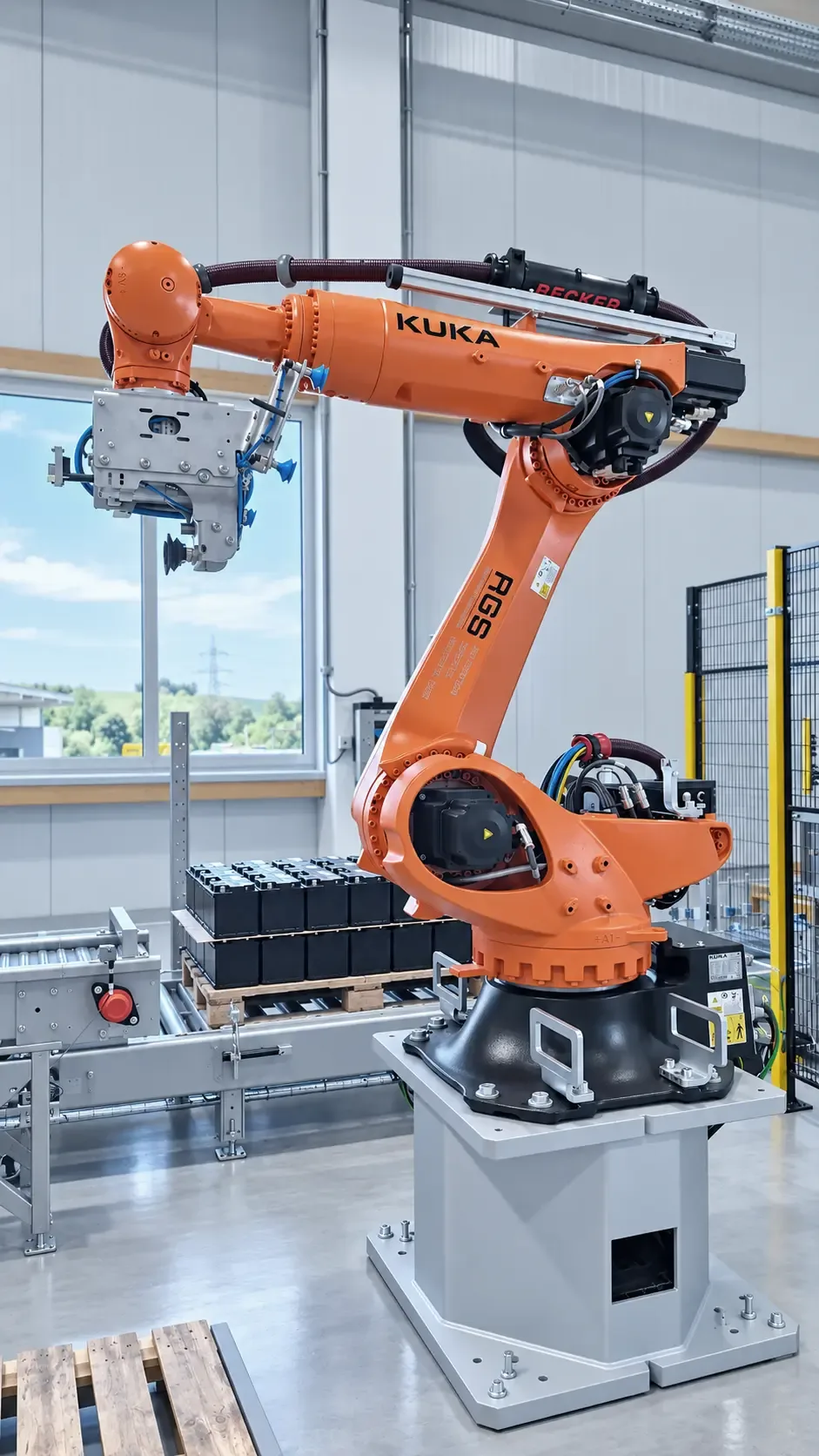 KUKA-Roboter mit Vakuumgreifer neben Batteriepalette