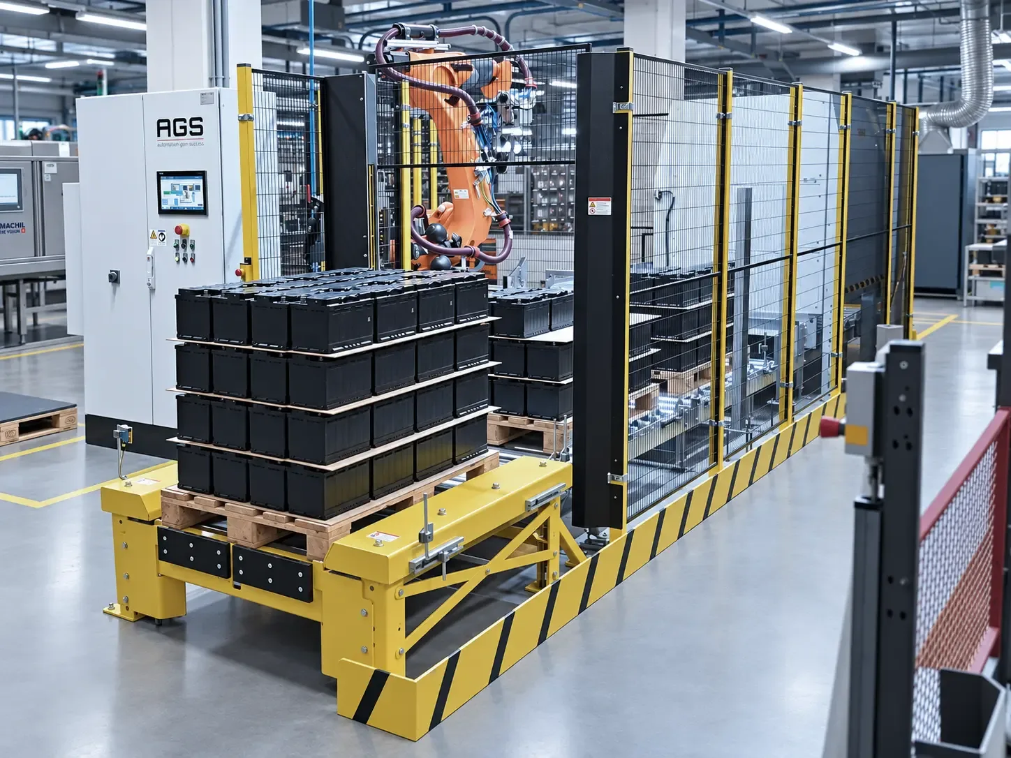 Voll belegte Batteriepalette in der Roboterzelle