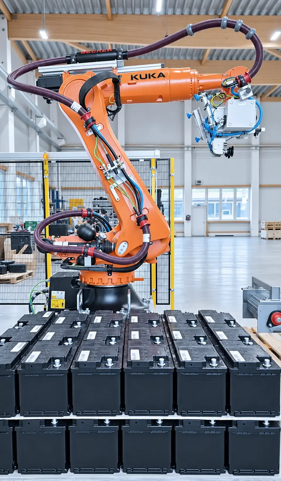 Greifer des Roboters über gestapelten Batterien
