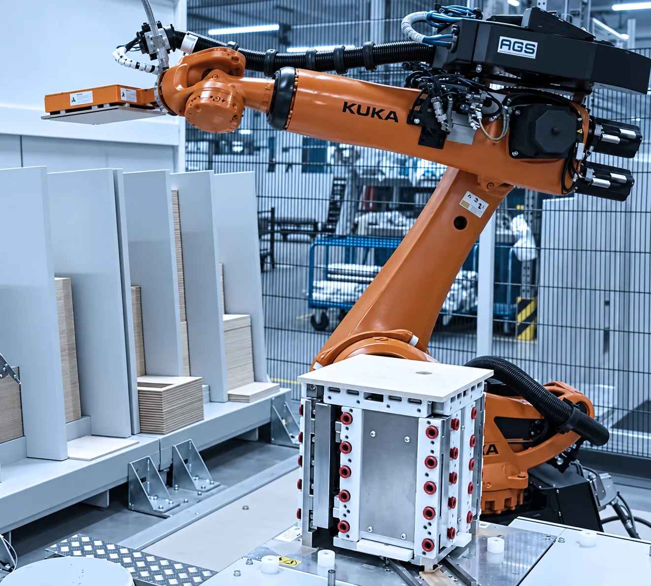 Roboter mit AGS-Greifsystem über dem Spannmodul, im Hintergrund Magazin mit Platten
