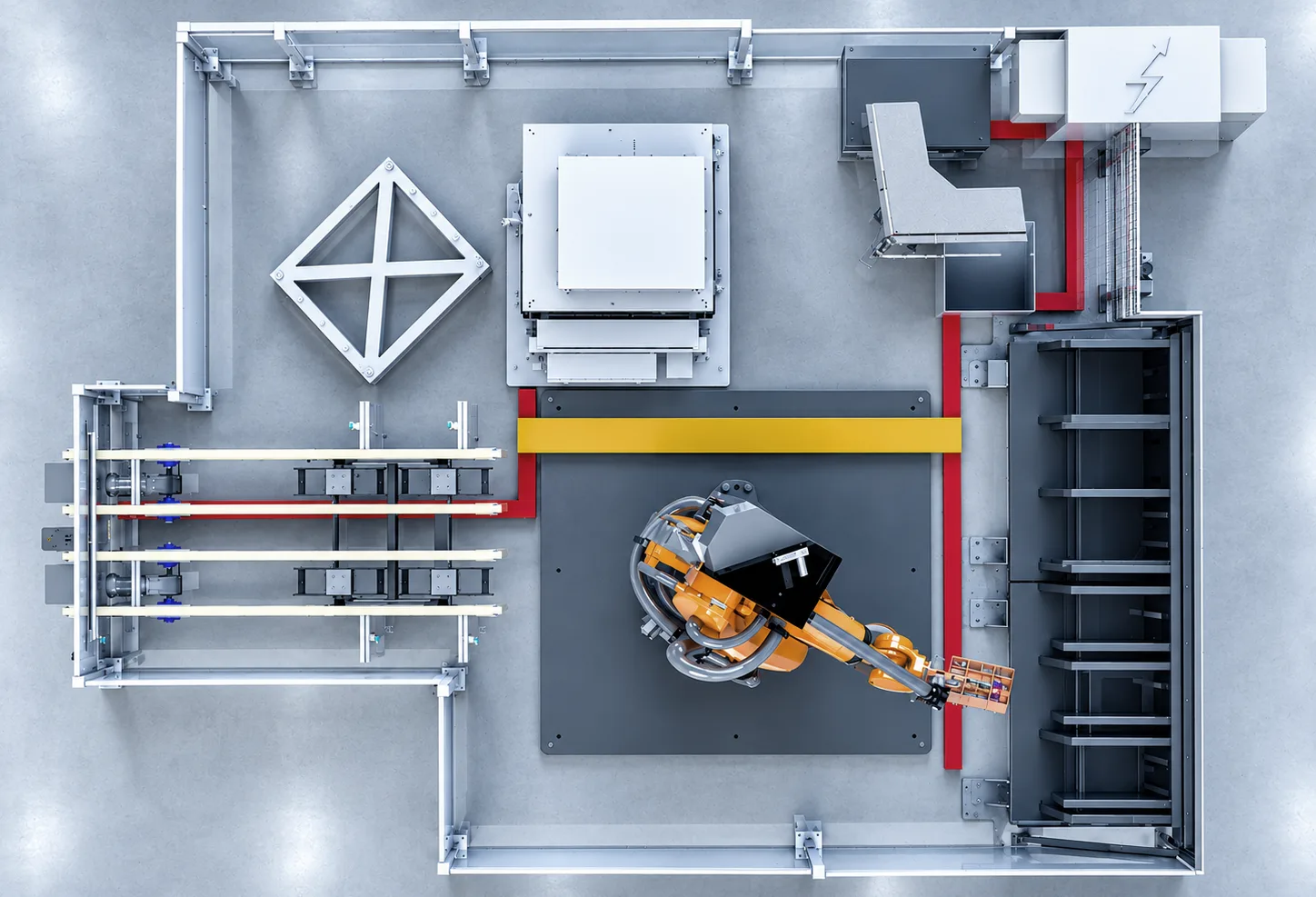 Technische Draufsicht der Montageautomatisierung für Möbelkorpusse