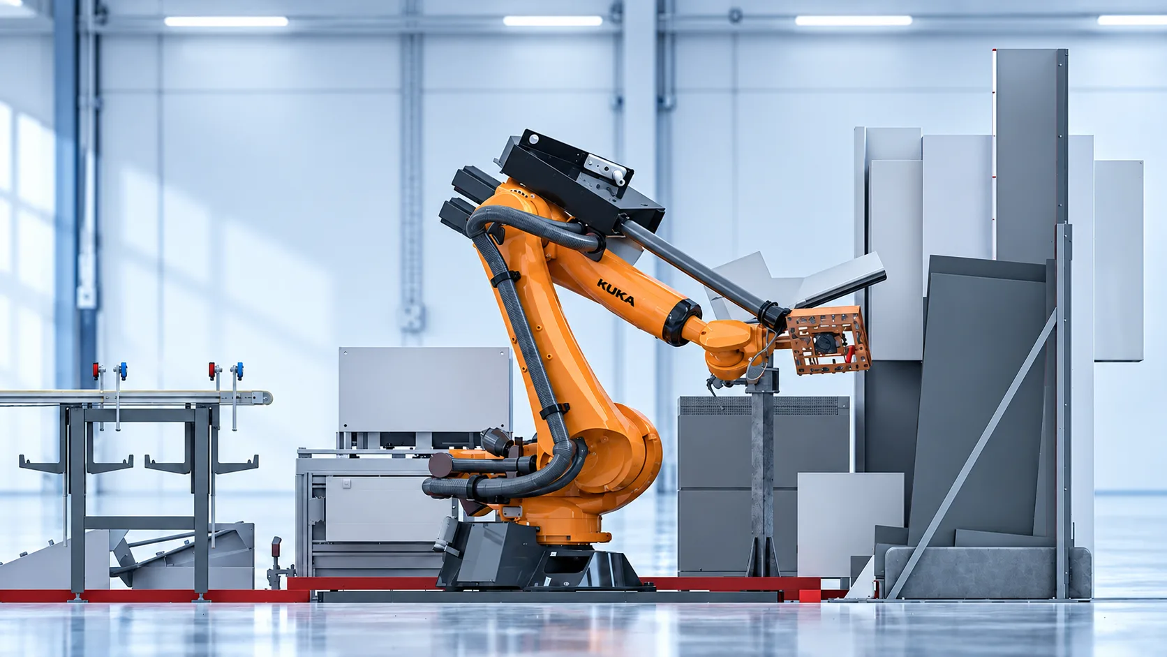 Konstruktionszeichnung der Roboterzelle mit Plattenmagazin und Fügestation