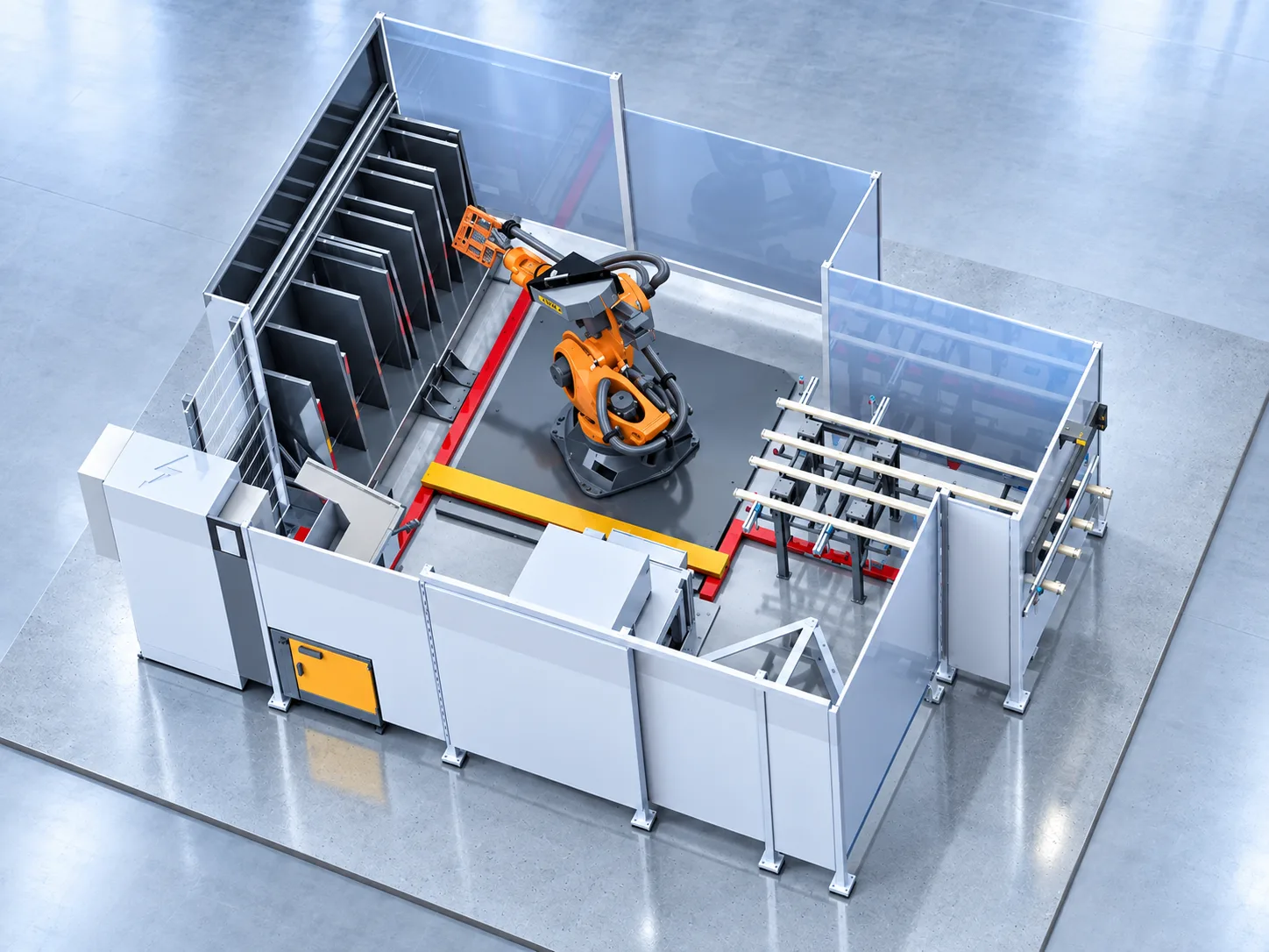 3D-Ansicht der Anlage mit Schutzeinhausung, Roboter und Magazinen