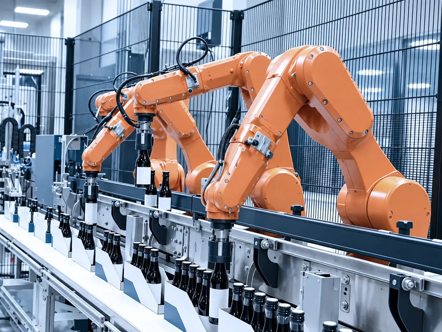 Roboter setzen Flaschen in die aufgerichteten Kartons