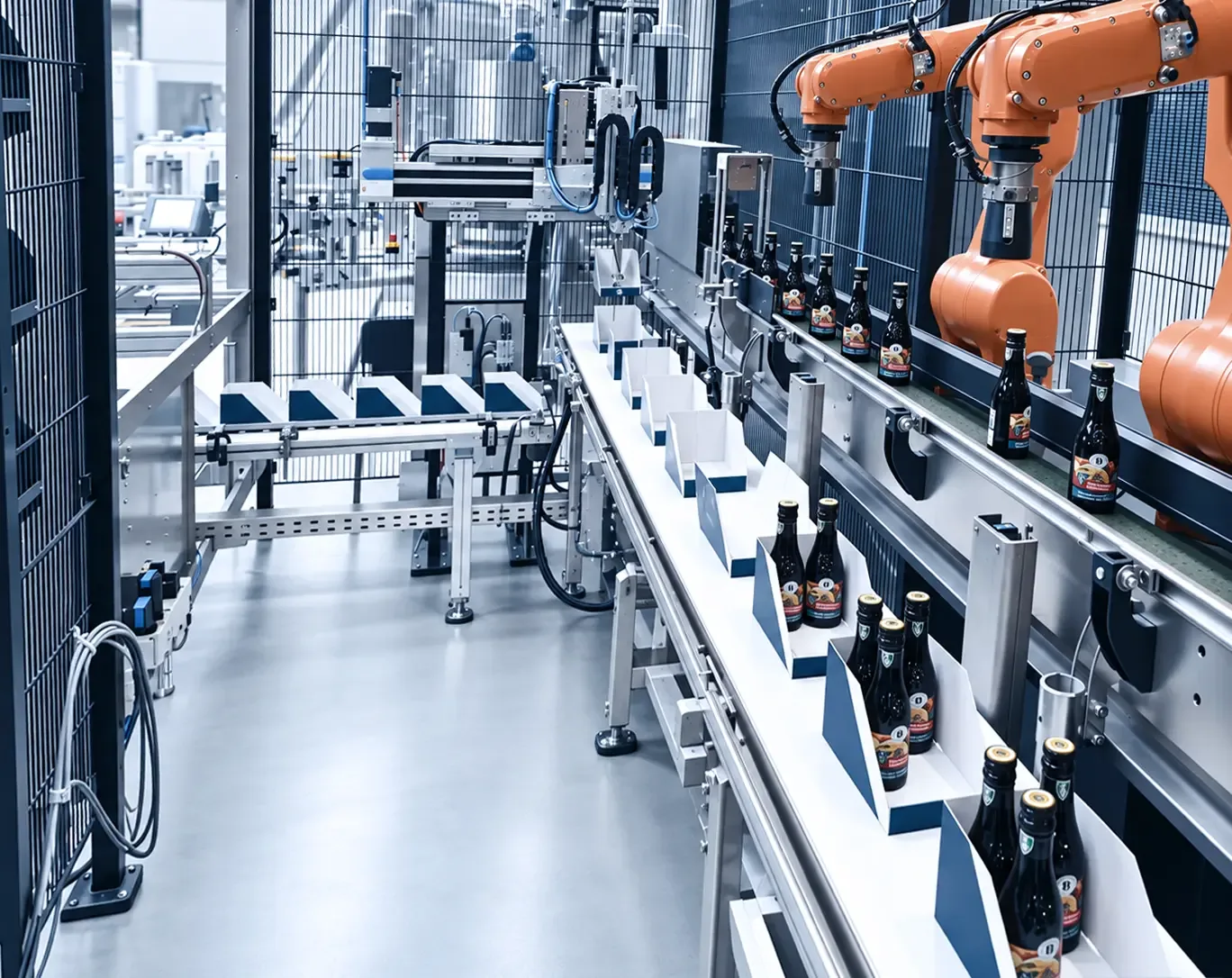 Gesamtansicht der Verpackungslinie mit Kartonaufrichter und Fördertechnik