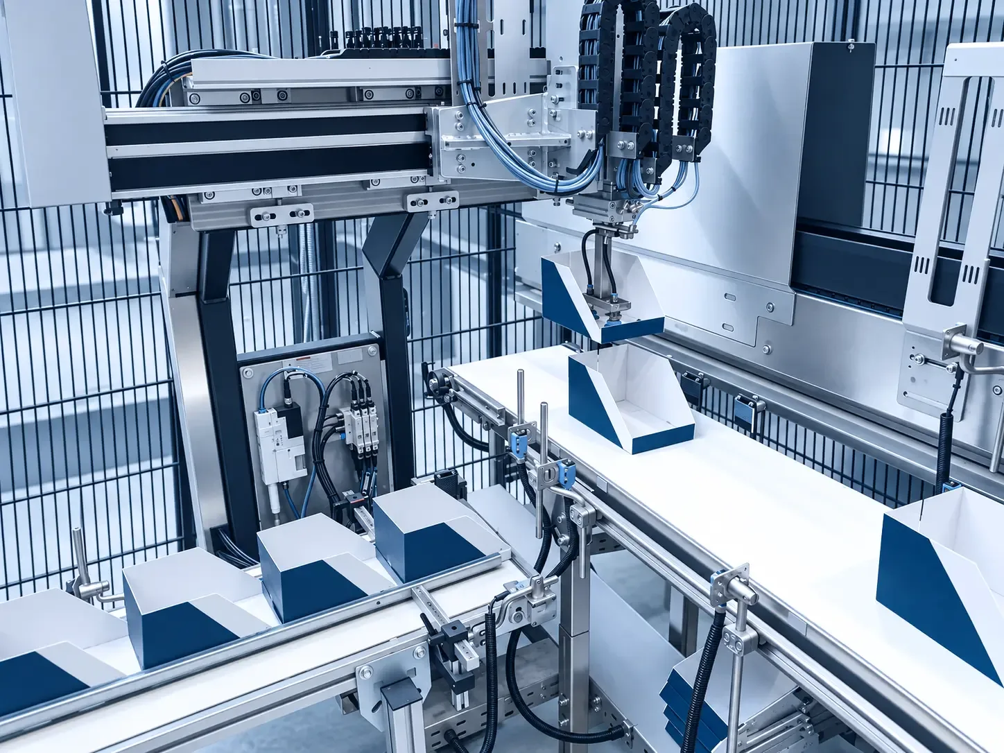 Automatischer Kartonaufrichter mit Linearmodul und Fördertechnik