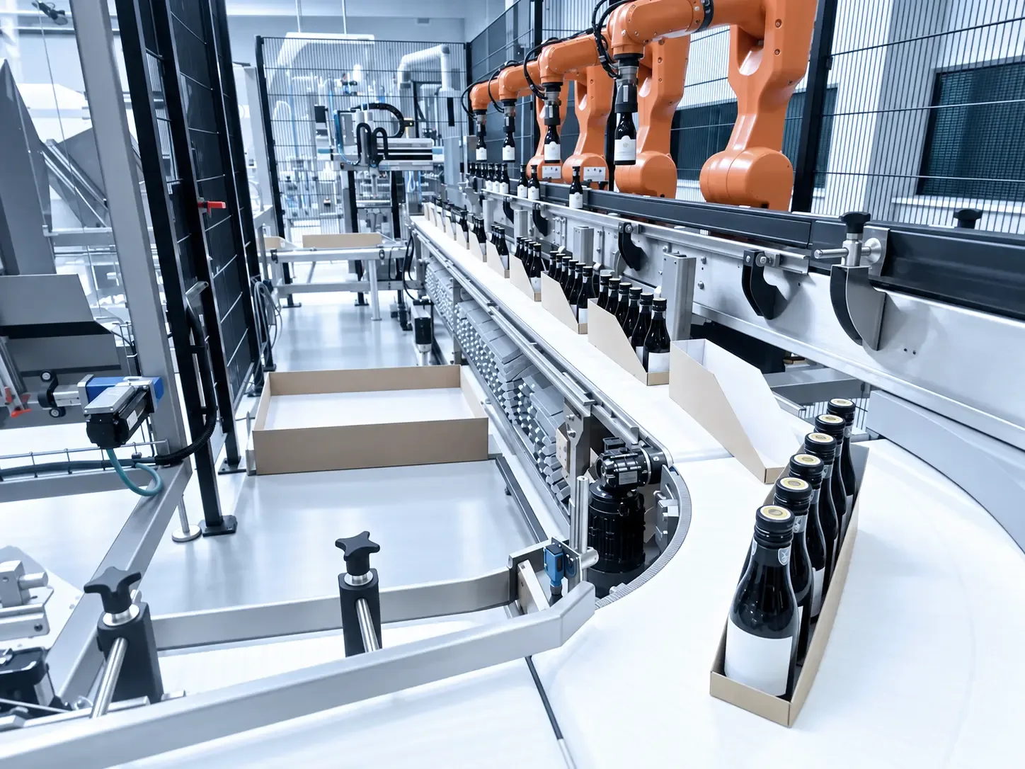 Längsansicht der Linie mit Robotern und Kartonförderung bis zur Palettierung