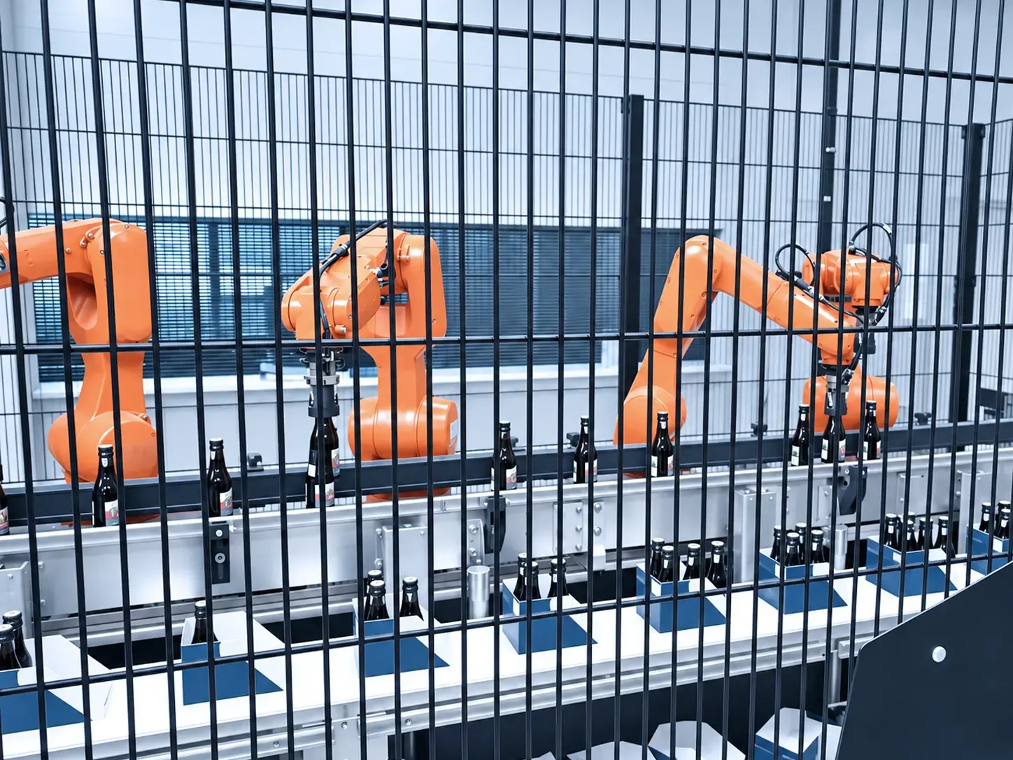 Blick durch die Schutzeinhausung auf die vier Verpackungsroboter
