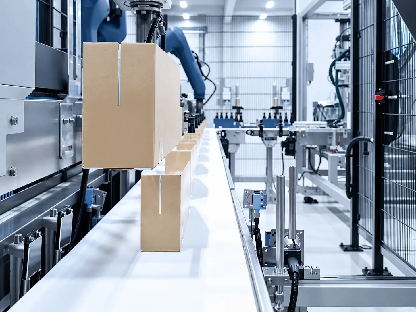 Verpackte Kartons auf dem Abtransport zur Palettierstation