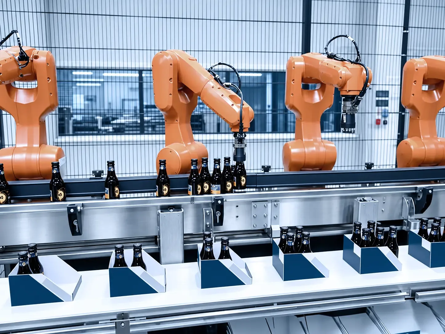 Vier Roboter im Takt über der Flaschenzuführung