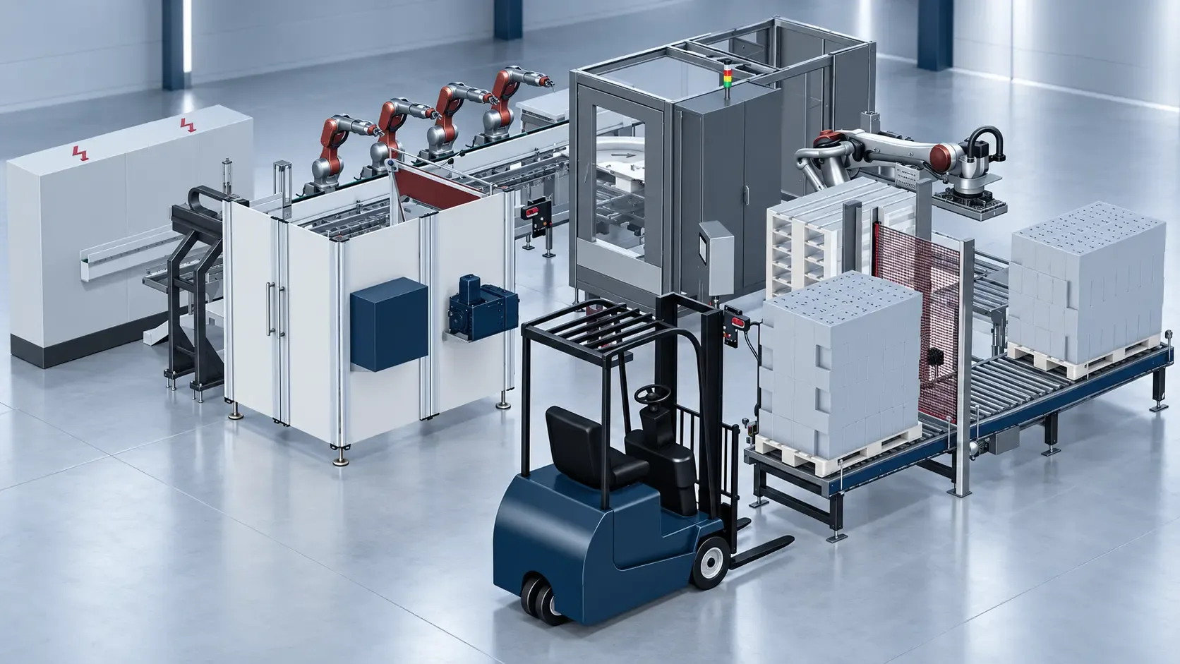 3D-Ansicht der Verpackungslinie mit Robotern, Palettierer und Palettenmagazin