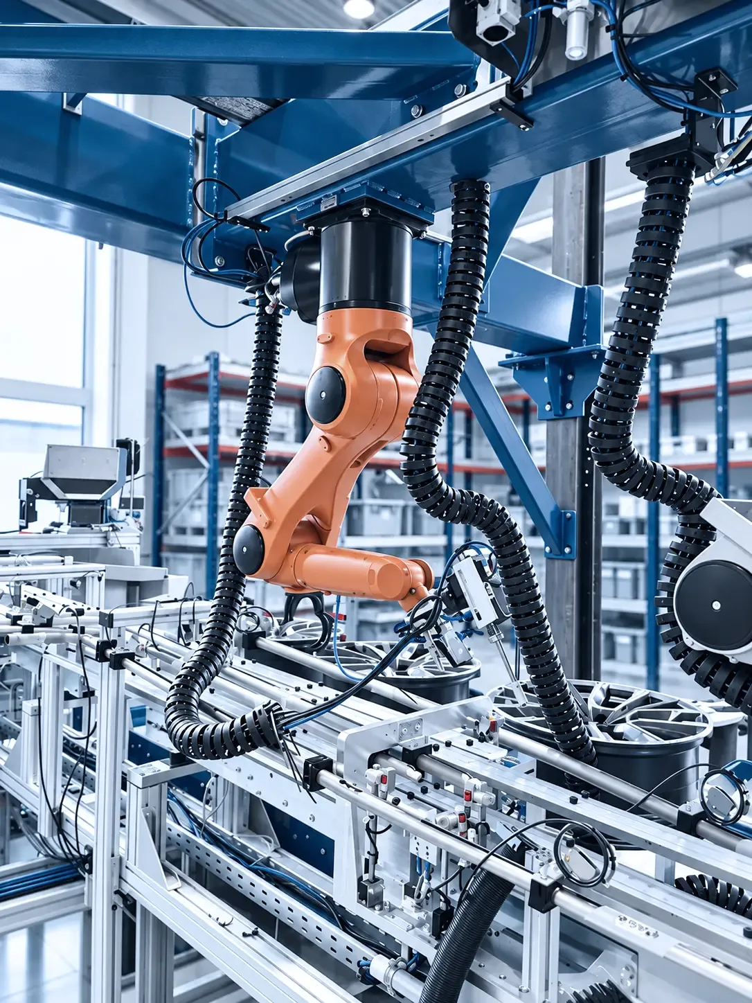Hängender KUKA-Roboter setzt Abdeckelemente in Felgen auf dem Endlosförderer