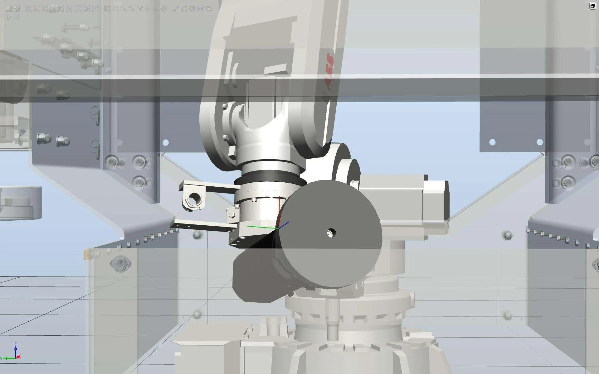 Simulationsansicht des Roboters mit Magnetgreifer über dem Rollgang