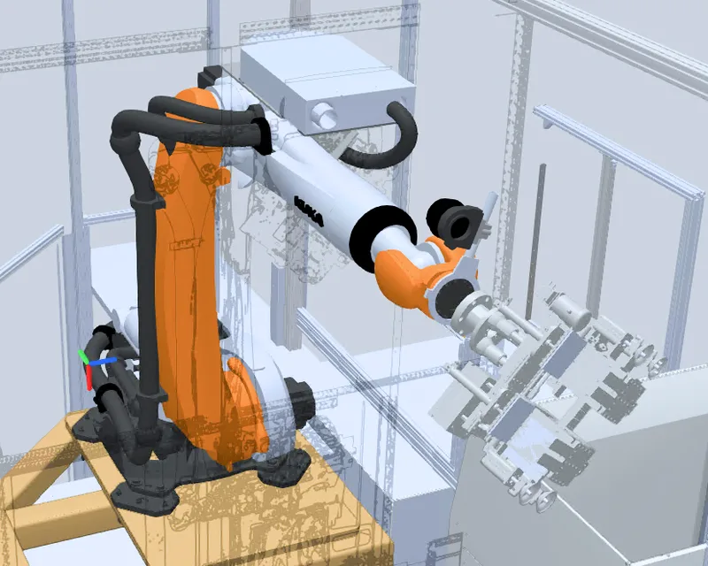 Simulationsmodell einer KUKA-Roboterzelle mit Greifer in schräger Ansicht