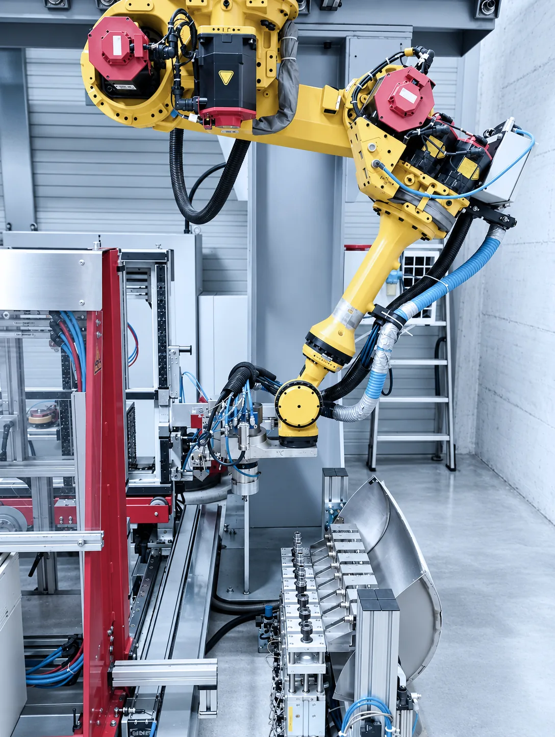 Roboter mit Bearbeitungsspindel und Werkzeugstation