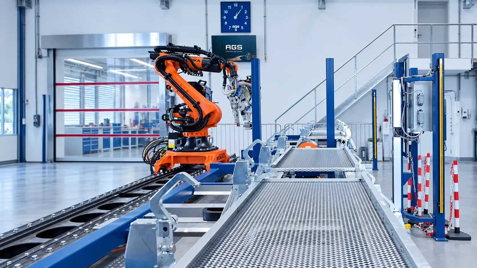 Anlagenübersicht mit Linearachse, Fördertechnik und Sicherheitsbereich