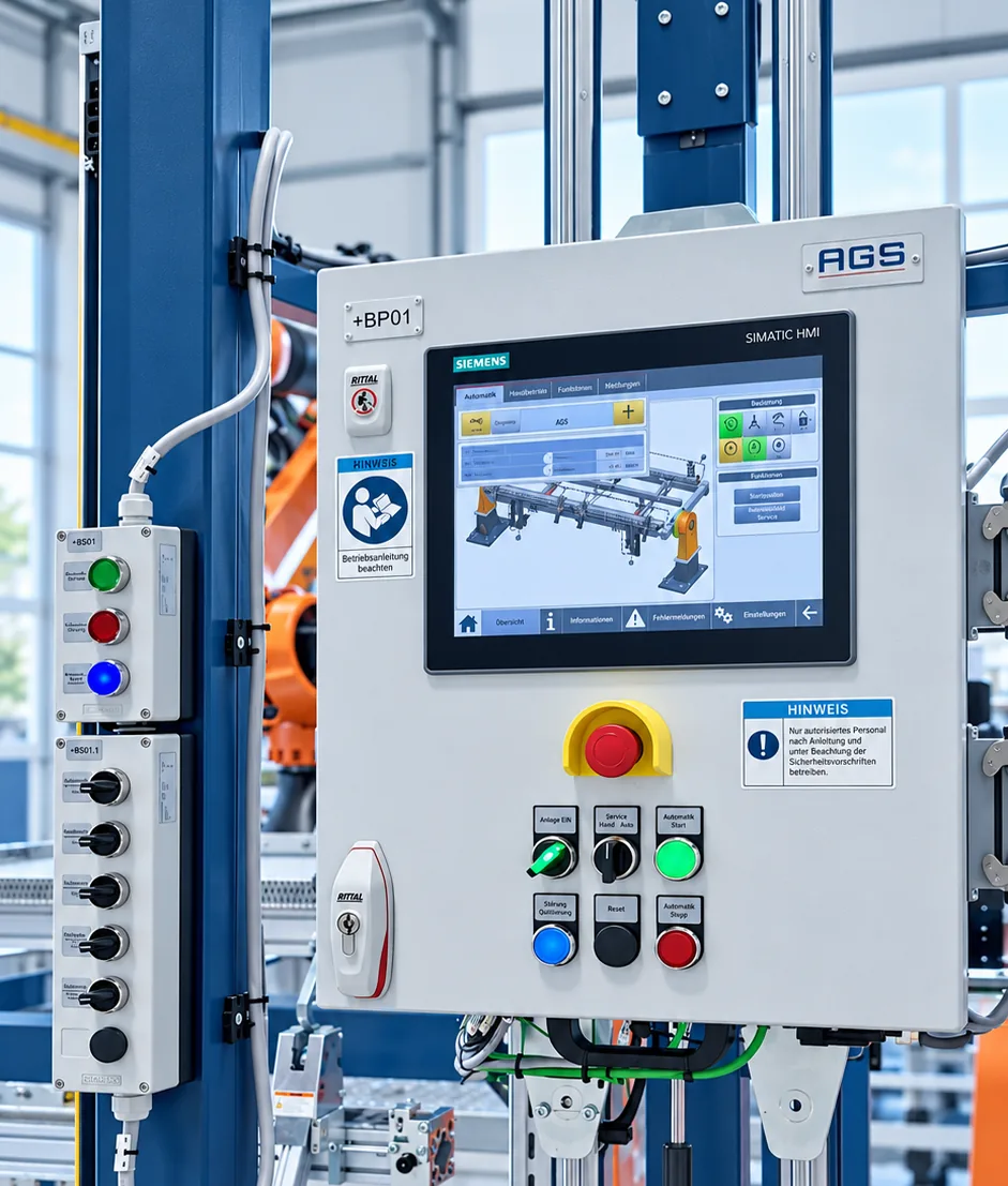 Bedienpanel mit Siemens-SIMATIC-Touchpanel und Bedienelementen