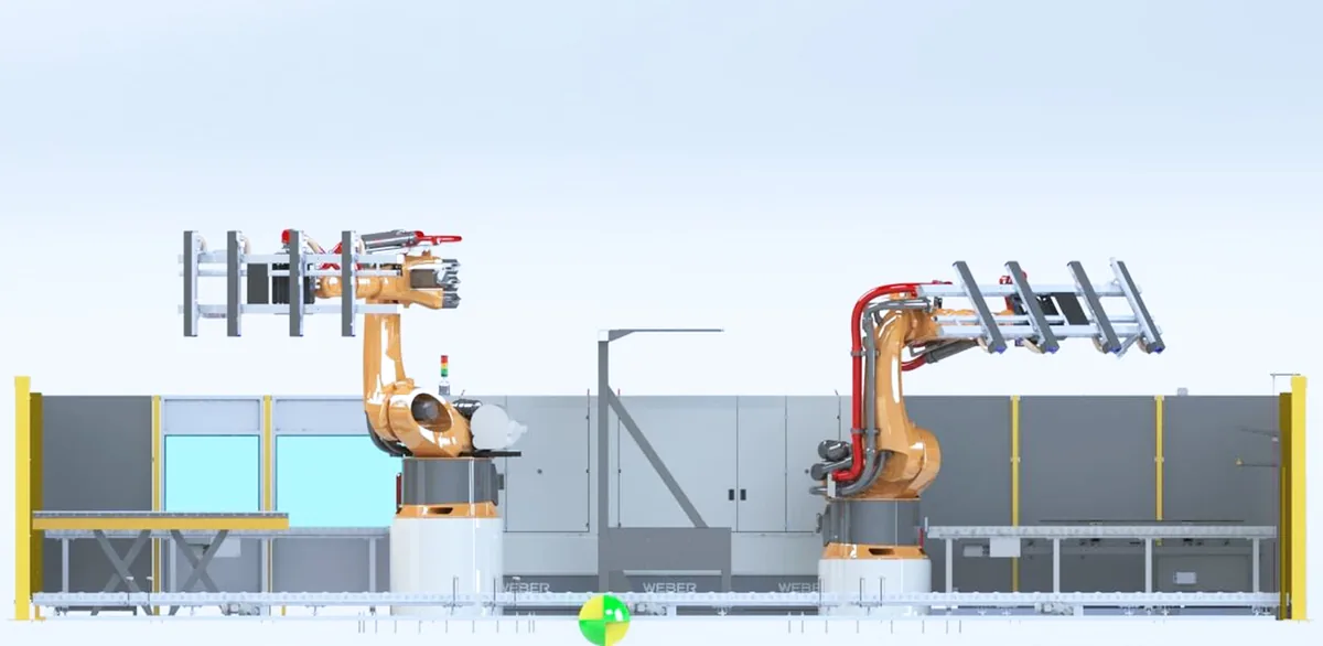 Layout of the grinding machine bypass with two KUKA robots