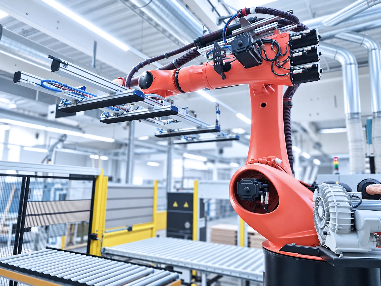 Roboter mit großflächigem Vakuumgreifer an der Schleiflinie
