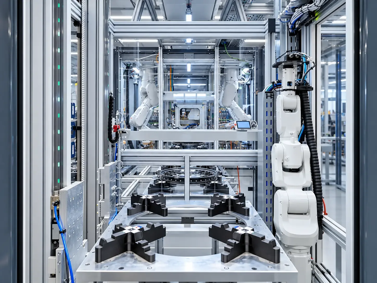 Blick in eine Roboterzelle mit Werkstückaufnahmen