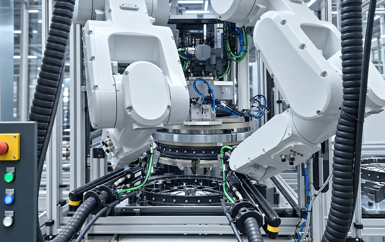 Zwei Roboter beim simultanen Verschrauben der Speichen