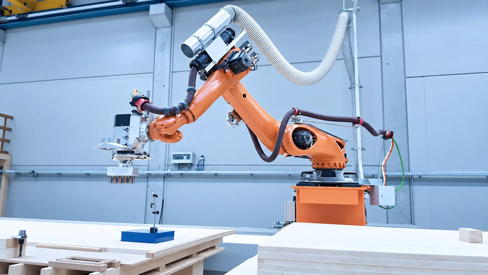 Fräsroboter mit Absaugung und Bohrwerkzeug über Holzplatten
