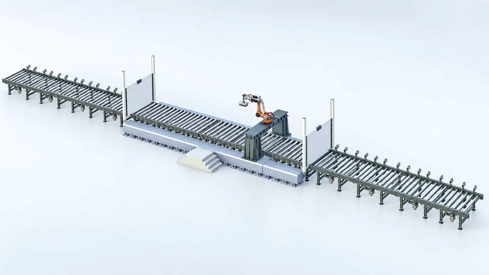 3D-Konstruktionsansicht der offenen Anlage mit Roboter und Rollenbahnen