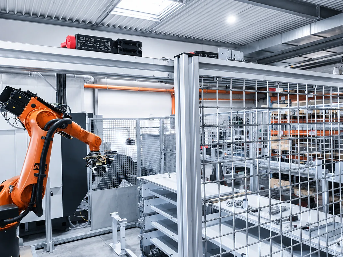 Roboterzelle mit Schubladenregal für Roh- und Fertigteile