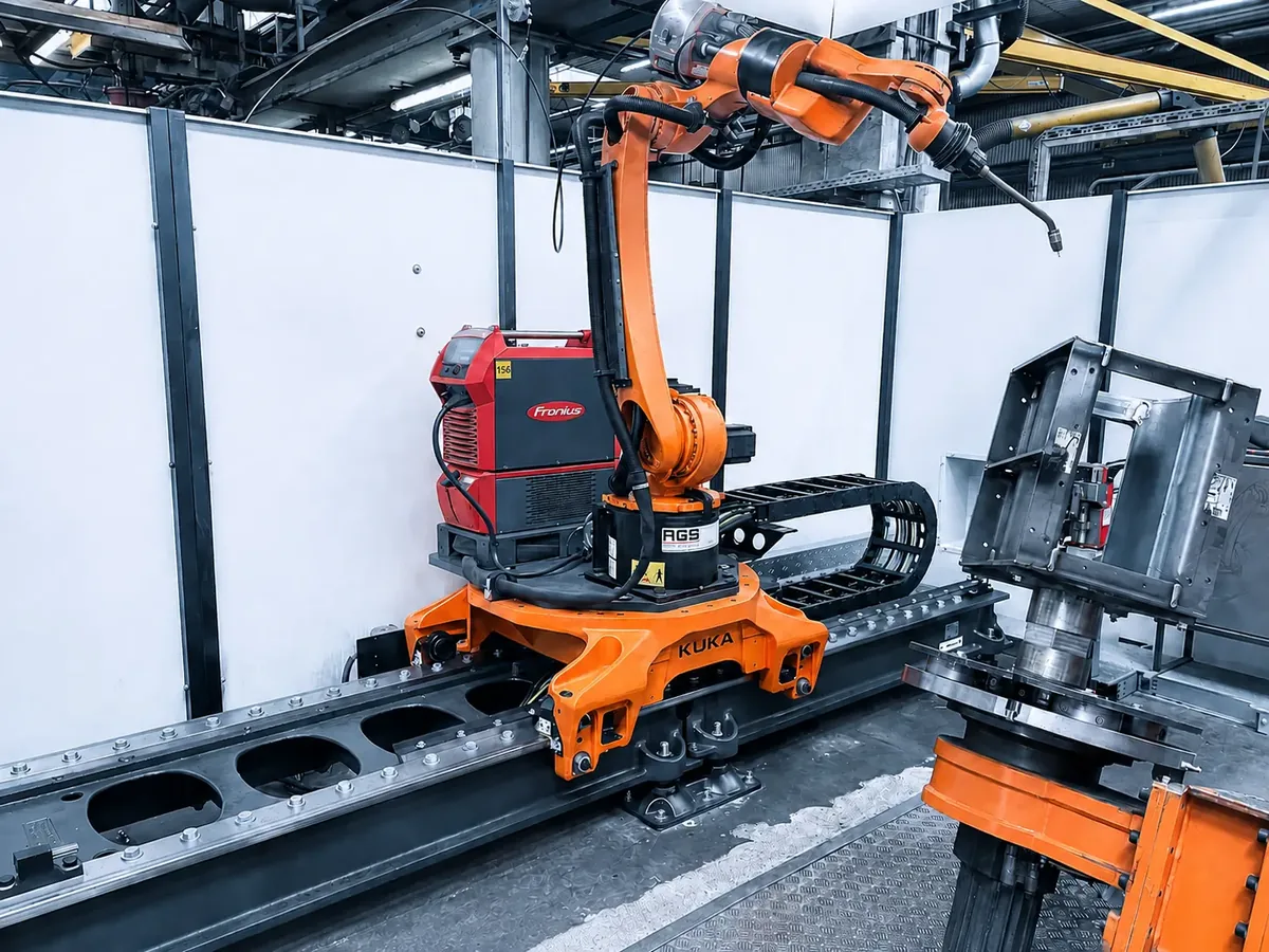 KUKA-Roboter auf Linearachse mit Fronius-Schweißquelle